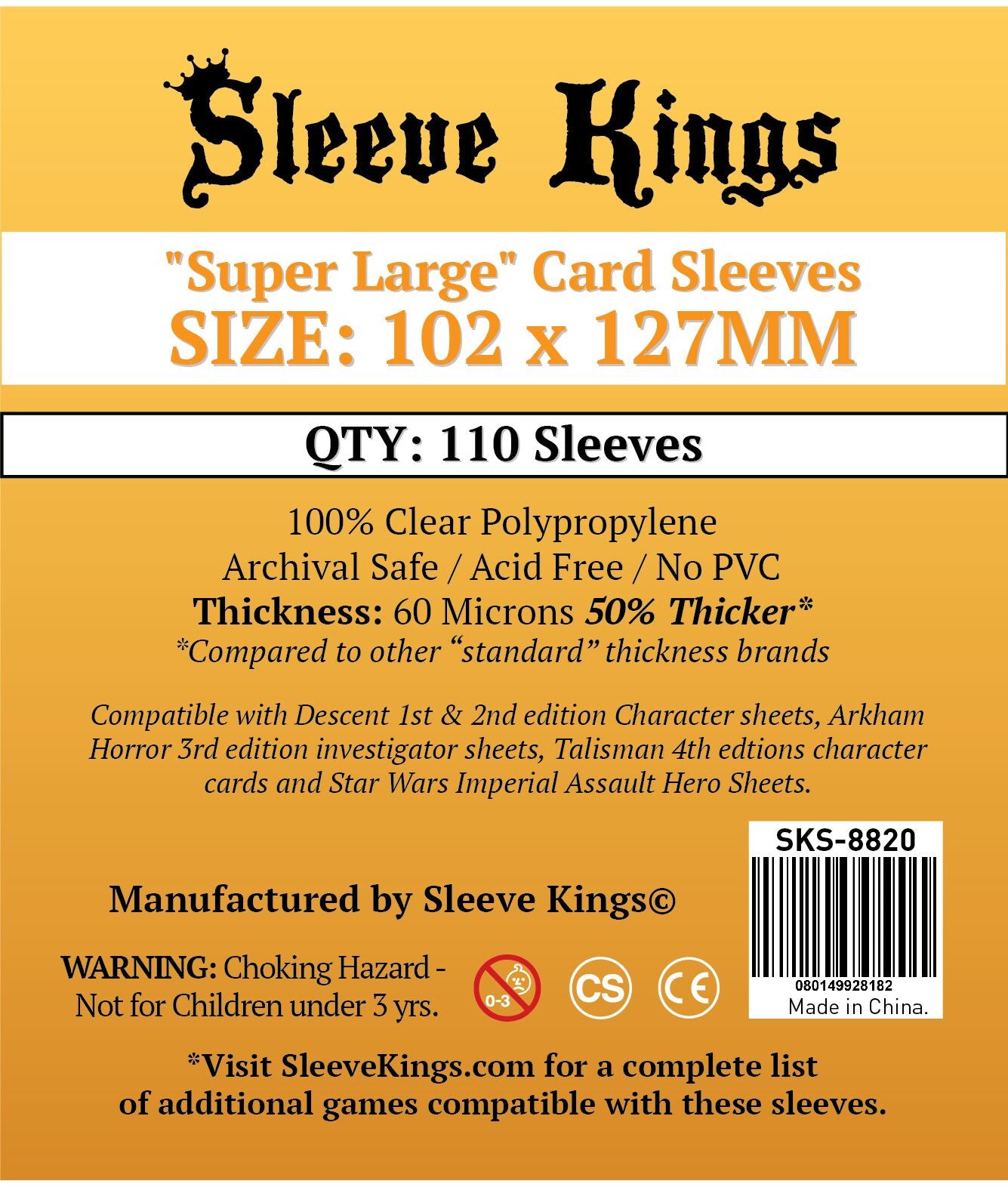 Sleeve Kings Board Game Sleeves "Super Large" (102mm x 127mm) (110 Sleeves Per Pack) Board Game